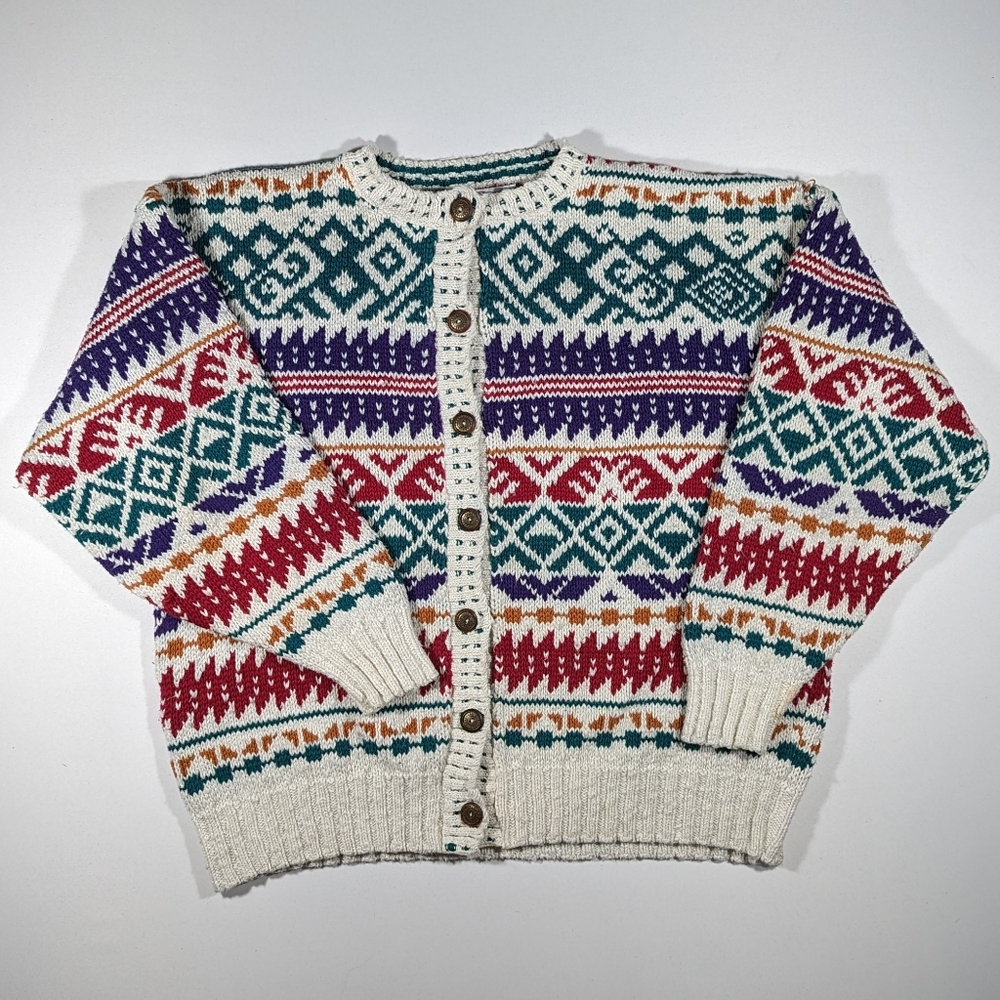 Vintage American Portrait Cardigan Sweater Women's Size Large Geometric 80s 90s